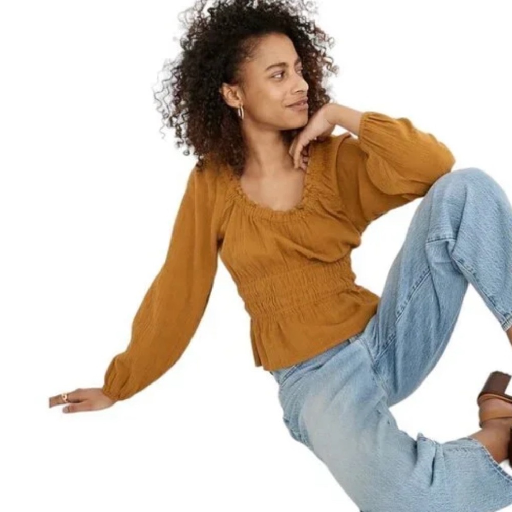 Madewell Sophia Ruffled Mustard Yellow Top in Textured Plaid Fall Women's S NWT